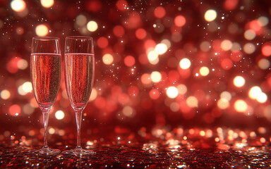 Christmas and New Year holidays background concept made from champagne glasses with golden glitter on red background.