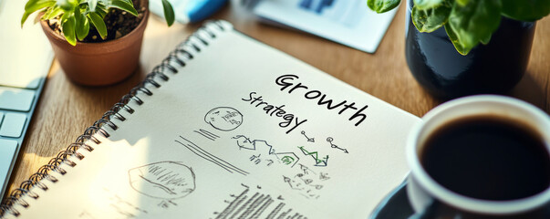 A notebook with the words 'Growth Strategy' written on it, with a cup of coffee and plants in the background.