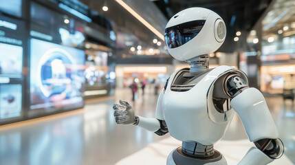 Fototapeta premium A robotic assistant with a glossy white body and mechanical arms gestures in a tech exhibition space, surrounded by illuminated displays and a bustling background
