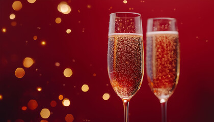 Christmas and New Year holidays background concept made from champagne glasses with golden glitter on red background.