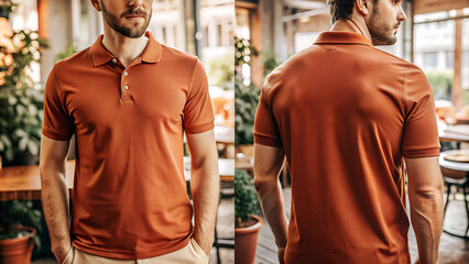 man wearing orange polo shirt front and back.