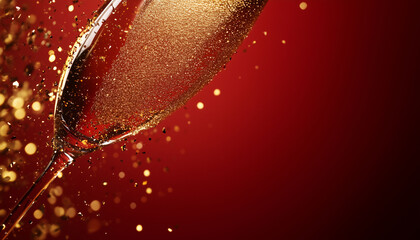 Christmas and New Year holidays background concept made from champagne glasses with golden glitter on red background.