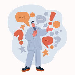 Cartoon vector illustration of a male doctor (ENT specialist) explaining something, symbolizing medical expertise, care, and patient education