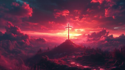 Obraz premium divine glowing cross on hill during sunset warm glow in sky spiritual scene Christianity religion Jesus Christ Christmas