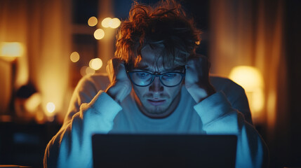 Young man looking stressed while working late at night.