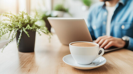 Obraz premium Man Working from Home in a Modern Office Setup with Coffee by His Side