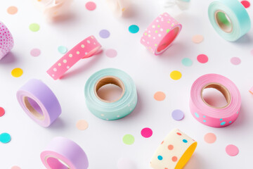 Naklejka premium Colorful washi tape rolls and confetti on white background create playful and vibrant scene