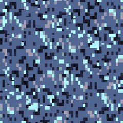 Holiday bokeh effect abstract pixel vector texture in blue halftones. Modern seamless pattern for cover, mobil apps, web banner, printing on t-shirts, home textile, bedding, fabric, package.