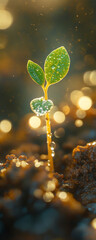 A tiny green sprout emerges from the soil, sparkling with dew drops.