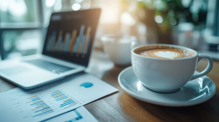 A cup of latte with a heart design in the foam sits on a table with a laptop and graphs.