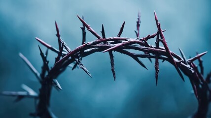 A close-up image of a thorny crown set against a blurred, misty background, symbolizing suffering and sacrifice.