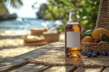 A Glass Bottle of Refreshing Beverage on a Beach Table