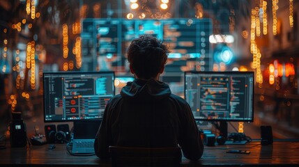 Obraz premium Focused Developer Working in High-Tech Environment