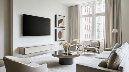 Modern living room with minimalist decor and large windows.