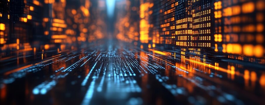 3D rendering of a futuristic city made of binary code, glowing digital architecture, high-tech metropolis
