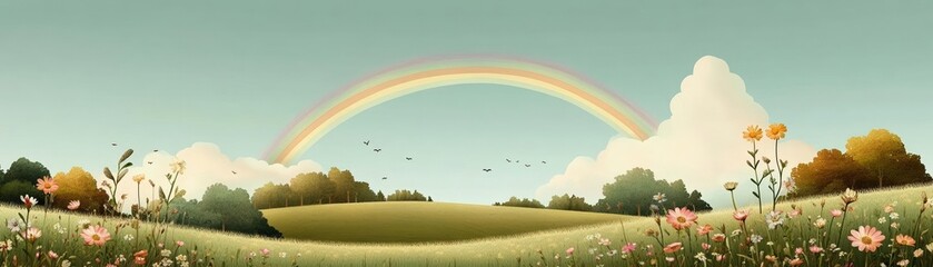 Fototapeta premium Charming rural scene with a rainbow and wildflowers, peaceful nature