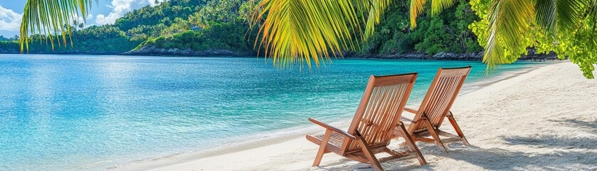 Empty beach chair under the shade of palm leaves, tranquil seascape, tropical getaway
