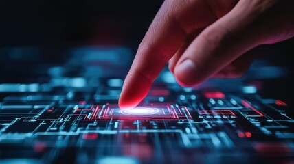 Naklejka premium A close-up of a hand interacting with a digital circuit board, symbolizing technology and connectivity in a modern computing environment.