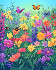 Obraz premium A vibrant field of wildflowers with butterflies and a bee.