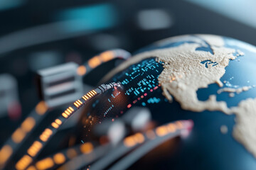 A vast digital globe with interconnected lines representing a global network.