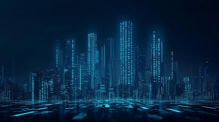Digital skyline with skyscrapers composed of numbers and data, virtual reality cityscape, neon cyber world
