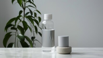 A close-up of a clean, modern water bottle with a safety cap, placed on a white background with ample copy space. The bottle is half-filled with clear water, symbolizing hydration and drinking safety.