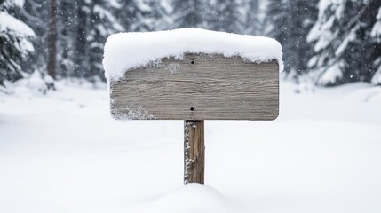 Naklejka premium Empty wooden sign covered in snow, surrounded by winter forest, snowfall in the background