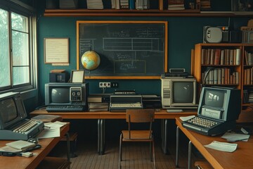 A vintage office space with old computers, typewriters, and a blackboard.