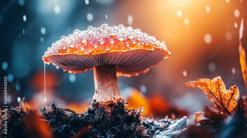 Poster vibrant mushroom with raindrops in autumn setting