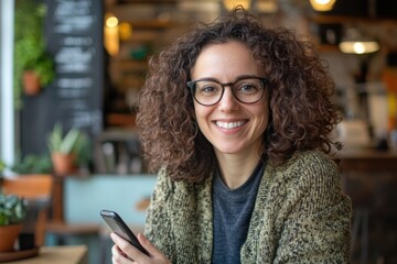 Smiling woman with curly hair and glasses holding a smartphone in a cozy cafe