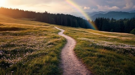 Rustic path winding through a blooming meadow, rainbow in the sky