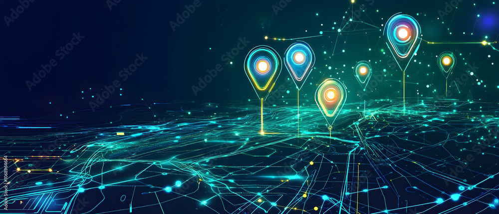 Poster abstract digital map with glowing location pins.