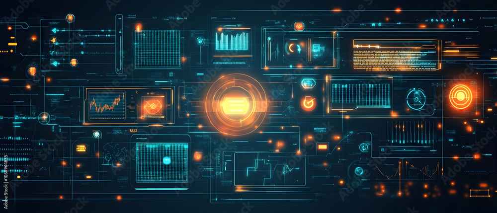 Poster abstract futuristic interface with glowing digital screens and data.