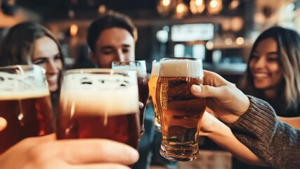 Friends toasting glasses of beer in pub. Bokeh bar interior background. Oktoberfest festival, St Patrick's Day celebration. Craft brewery concept