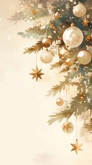 Fototapeta premium Background with christmas decorations in the corner vertical watercolor vintage illustration with copy space. 