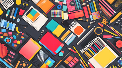 Colorful flat lay of art supplies, stationery, and design tools on a dark background.