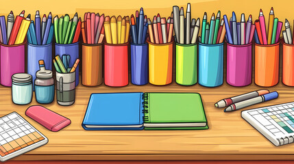 Colorful pens, pencils, markers, and a notebook on a wooden desk.