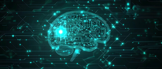 Fototapeta premium Digital brain with glowing circuit board inside surrounded by connected lines on dark blue background.