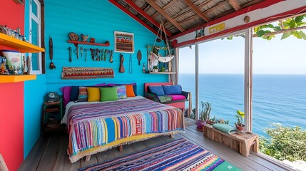 Coastal Bohemian Bedroom with Ocean View and Colorful Decor