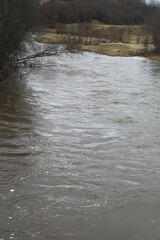 Calm River Flowing Through Early Spring Landscape with Bare Trees and Overcast Sky