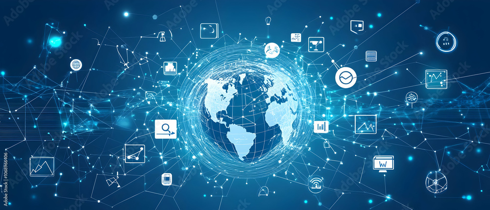 Poster global network with various icons and connections in a blue background.