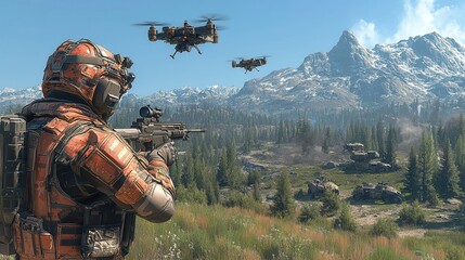 Naklejka premium Soldier Engaging Drones in Mountainous Landscape