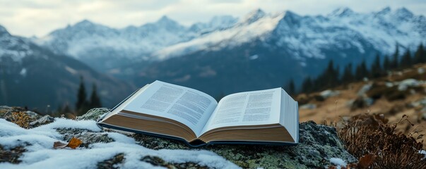 Un guide de voyage ouvert avec des sommets enneigés en arrière-plan..