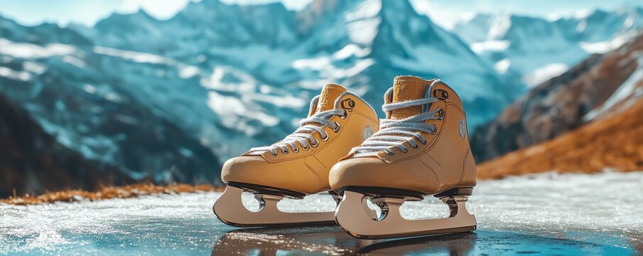 Une paire de patins &agrave; glace pos&eacute;e sur une table avec les montagnes en arri&egrave;re-plan..