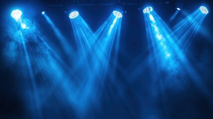 Dramatic blue stage lighting illuminating a dark space with beams and smoke effects.
