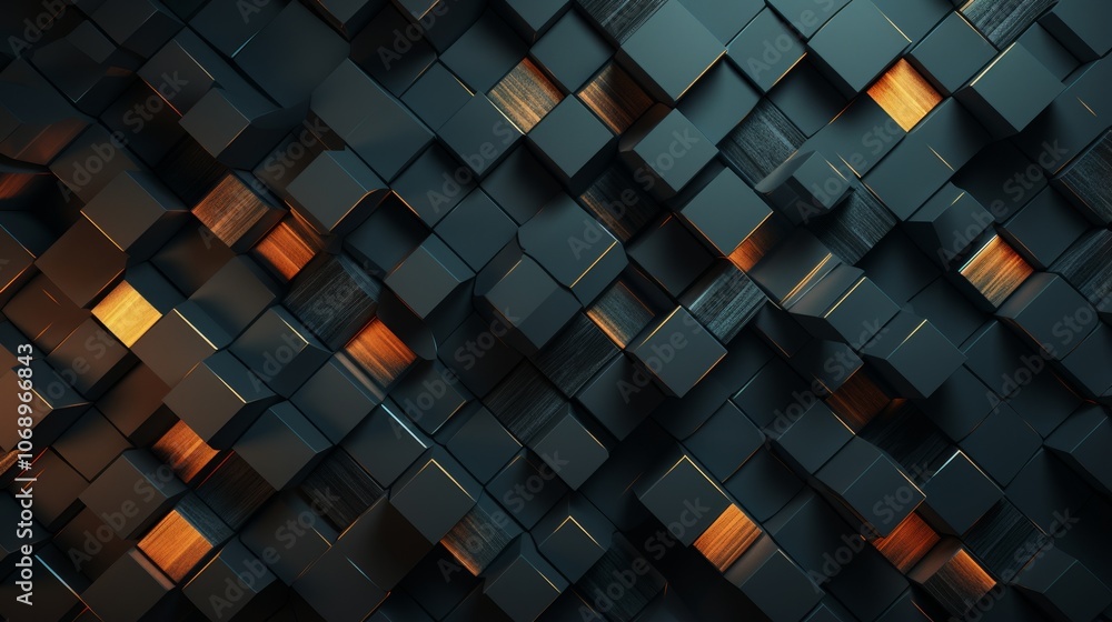 Poster Abstract background with a dark, textured surface made up of overlapping square tiles, with glowing edges