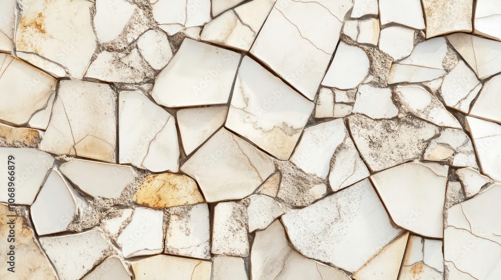 Poster broken tile mosaic pattern with beige tiles suitable for abstract wallpaper or irregular bathroom wa