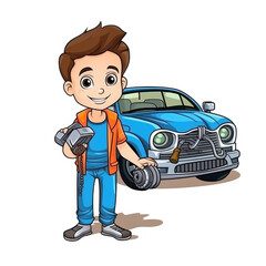 Young Automotive Enthusiast with Tools and Vintage Car