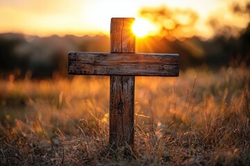 Naklejka premium Closeup shot of a wooden cross with the sun in the blurred background , isolated on white background, , copy space for text,