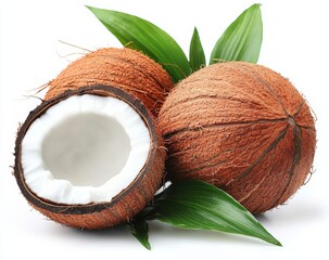 Coconuts with leaves , isolated on white background,  , copy space for text,